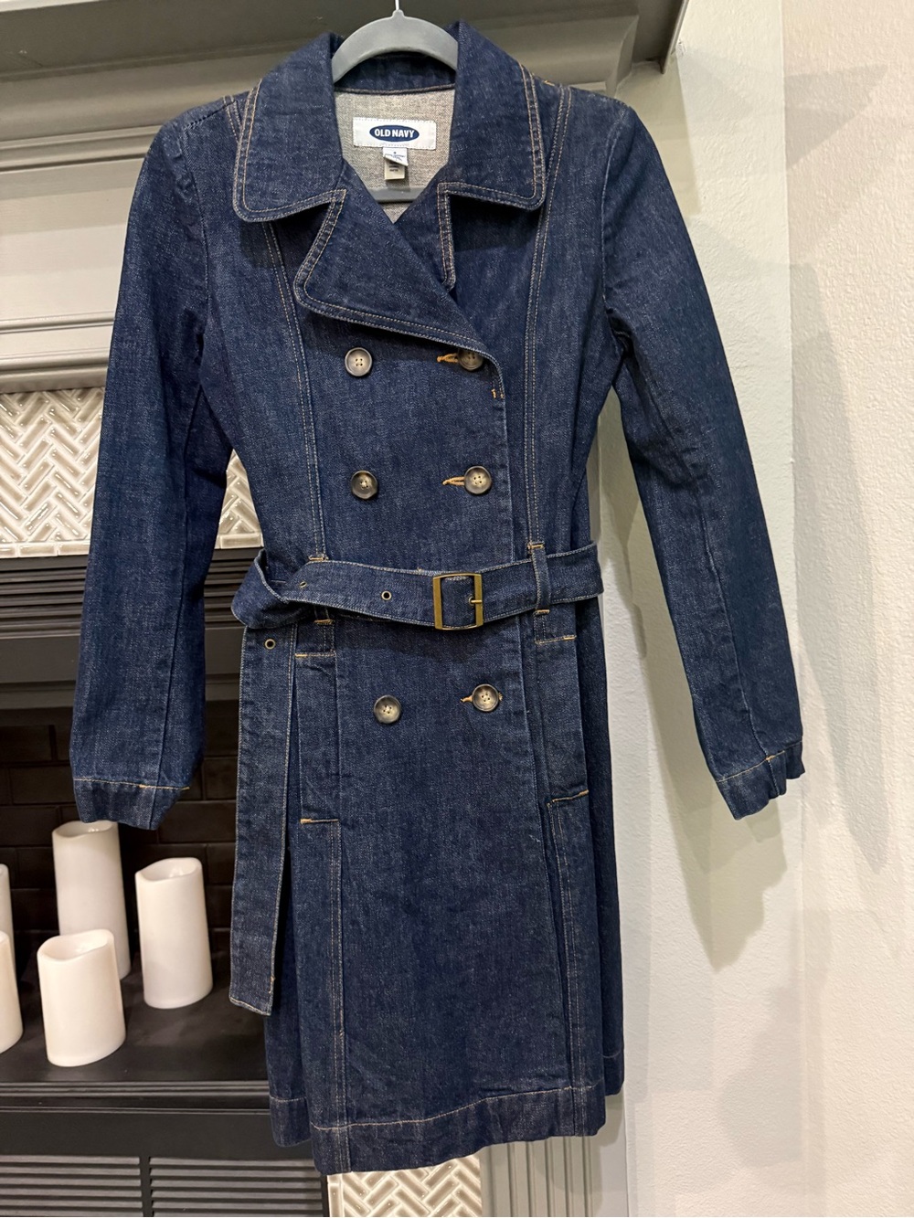 Old Navy Dark Blue Denim Double-Breasted Trench Coat with Belt